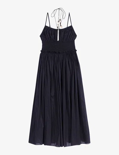 Maje Womens Noir / Gris Shirred-bodice Bead-embellished Cotton Midi Dress