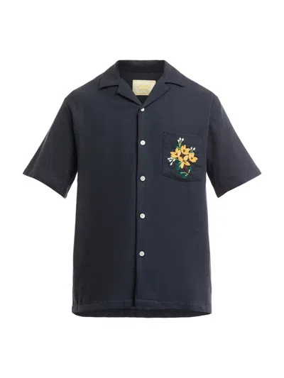 Portuguese Flannel Men's Pique Embroidery Flowers Short Sleeve Motif Shirt Navy In Blue