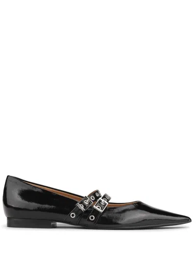 Ganni Eyelets Ballerina Leather Flats In Black  