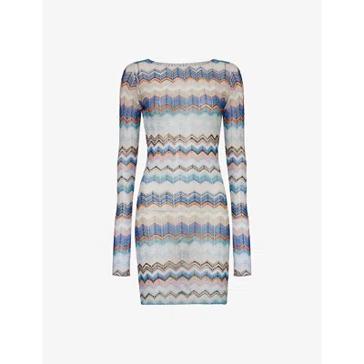 Missoni Chevron Long-sleeved Knitted Mini Dress In Multicolor Blue Tones