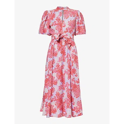 Me And Em Floral-print Belted Woven-blend Midi Dress In Purple/pink/cream