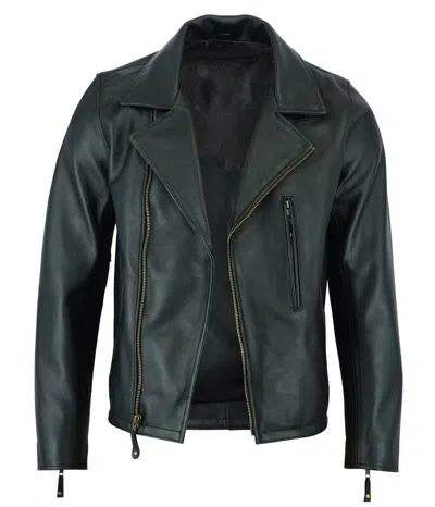 Pre-owned International Mens Black Classic Vintage Genuine Top-grain Cowhide Biker Leather Jacket