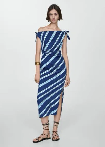 Mango Striped Dress Bare Shoulders Ink Blue In Bleu Encre