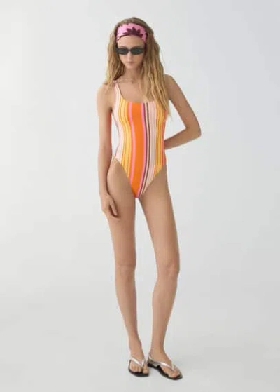 Mango Stripes Print Swimsuit Orange