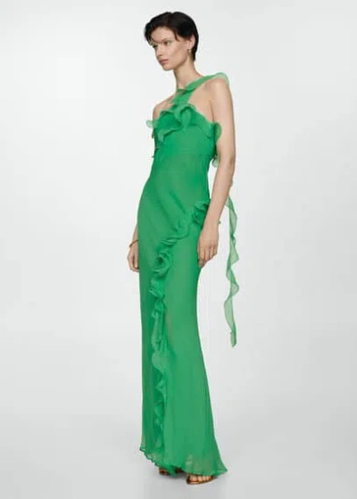 Mango Asymmetrical Ruffle Dress Green In Vert