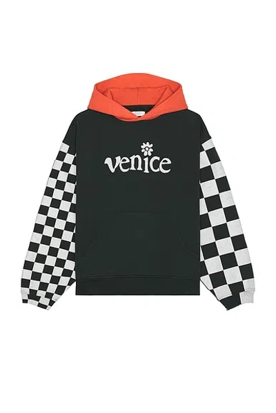 Erl Men Venice Checker Sleeve Hoodie Knit Clothing In Black Checker