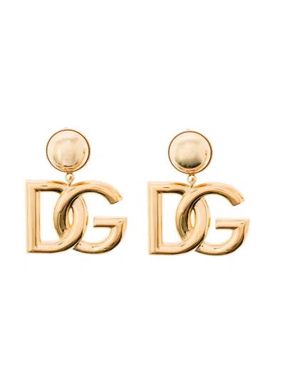 Dolce & Gabbana Gold-tone Clip-on Earrings With Dg Interlocking Logo In Brass Woman In Grey