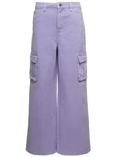 Self-portrait Liliac Cargo Wide-leg Jeans With Logo Patch In Cotton Denim Woman In Violet