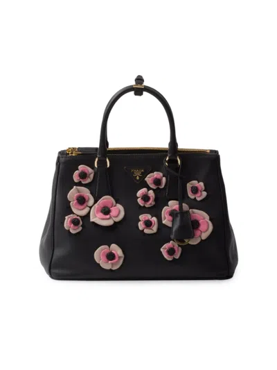 Prada Women's Large Galleria Leather Bag With Floral Appliqués In Black