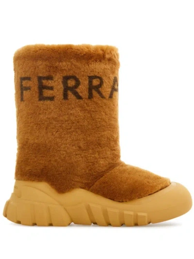 Ferragamo Logo-print Shearling Boots In Beige