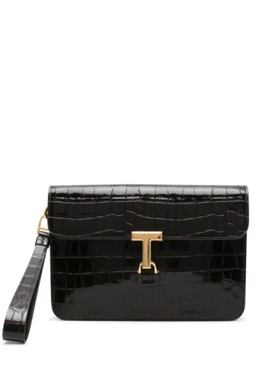 Tom Ford T Pin Leather Clutch Bag In Black