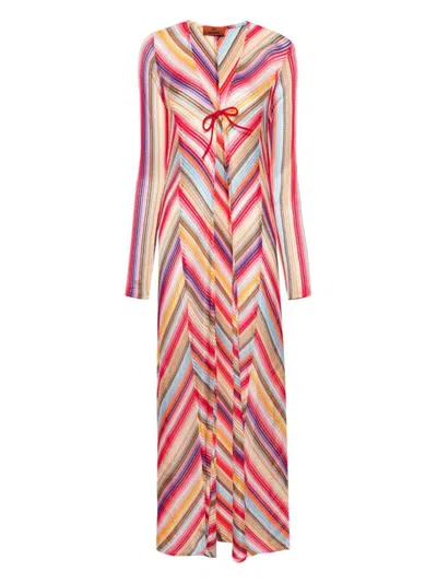 Missoni Multicolor Long Beach Dressing Gown With Zigzag Motif In Crochet Woman In Red