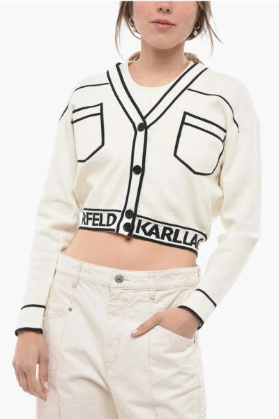 Karl Lagerfeld V-neck Logo-band Cardigan In White