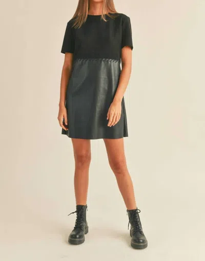 Miou Muse Stitch It Up Suede & Faux Leather Shift Mini Dress In Black