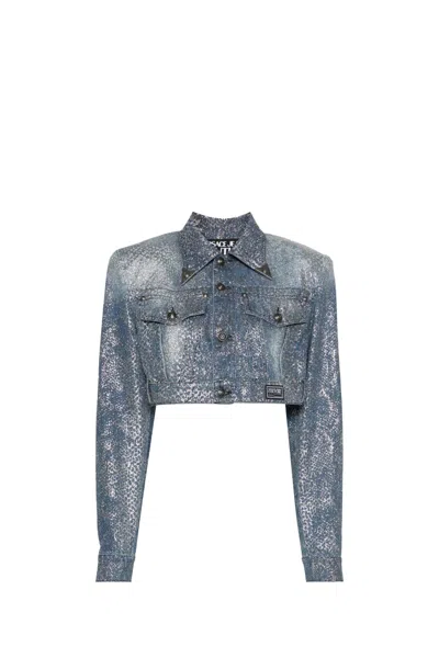 Versace Jeans Couture Cropped Metallic Paint Denim Jacket In Blue