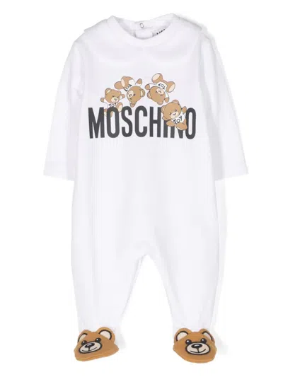Moschino White Onesie With Teddy Bear Print In Cotton Baby