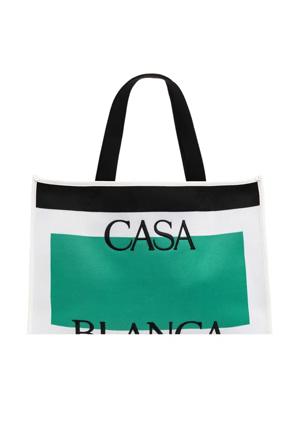 Casablanca Logo Print Bamboo Handle Tote Green/Orange/White