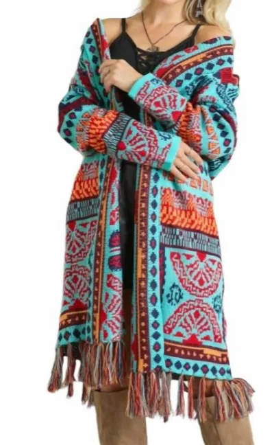 Adora Tribal Pattern Fringe Hem Cardigan In Blue