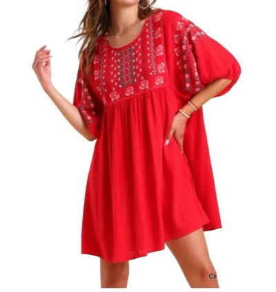Umgee Floral Embroidered Dress In Cherry Red