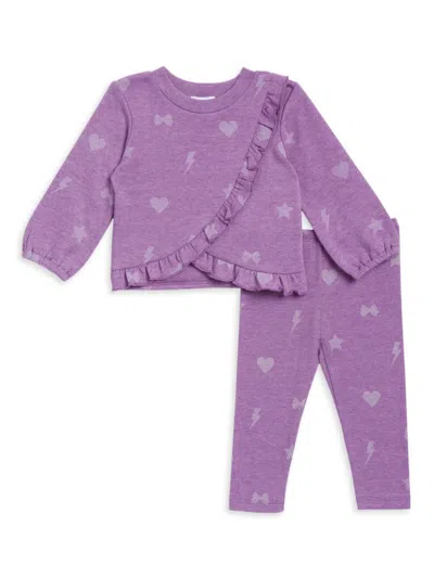 Splendid Kids' Little Girl's 2-piece Printed Ruffled Sweatshirt & Joggers Set In Purple