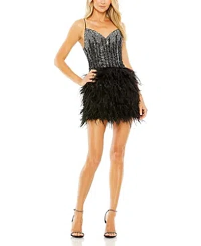 Mac Duggal Sleeveless Sequin Dress With Feather Skirt In Black