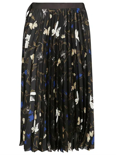 Sacai Floral Print Pleated Flare Skirt In Black