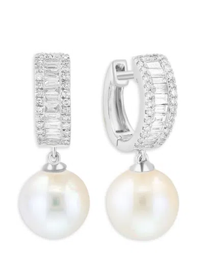 Effy Women's 14k White Gold, 9mm Freshwater Pearls & 0.54 Tcw Diamond Huggie Earrings