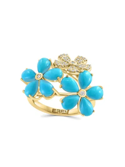 Effy Women's 14k Yellow Gold, Turquoise & Diamond Floral Ring