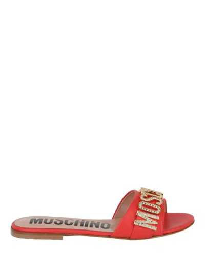 Moschino Jewel Logo Flat Sandals Woman Sandals Orange Size 6 Calfskin In Red