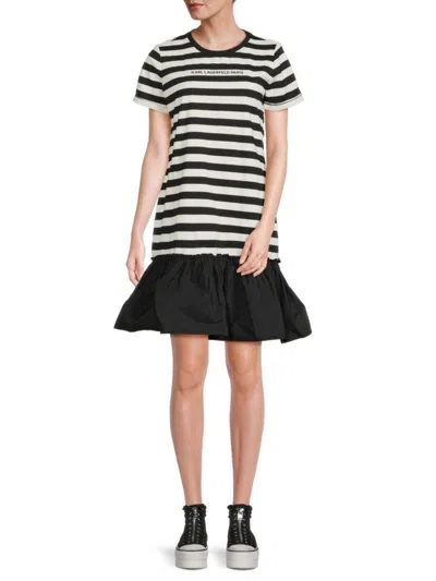 Karl Lagerfeld Women's Striped Logo Mini Dress In Black Soft White