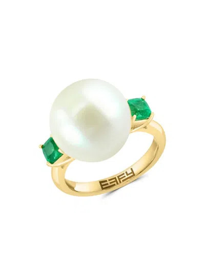 Effy Women's 14k Yellow Gold, 14.5mm Freshwater Pearl & Emerald Ring