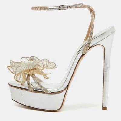 Pre-owned Casadei Silver/gold Crystal Leather Flower Embellished Platform Ankle Strap Sandals Size 38.5