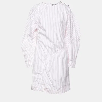 Pre-owned Ganni White Striped Cotton Mini Dress L (eu 40)