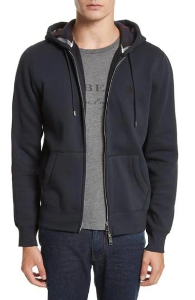 Burberry Claredon Jersey Hoodie W/check Lining, Black In Navy