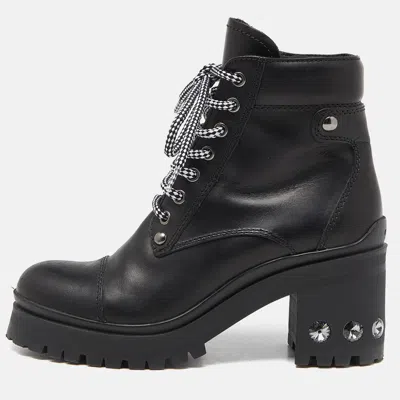 Pre-owned Miu Miu Black Leather Lace Up Combat Boots Size 37.5