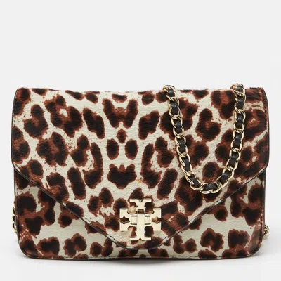 Pre-owned Tory Burch Brown/black Printed Fur And Leather Kira Envelope Flap Chain Bag
