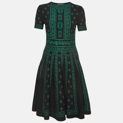 Pre-owned Alexander Mcqueen Black/green Floral Pattern Knit Pencil Dress L