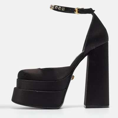 Pre-owned Versace Black Satin Crystal Embellished Ankle Strap Pumps Size 38.5