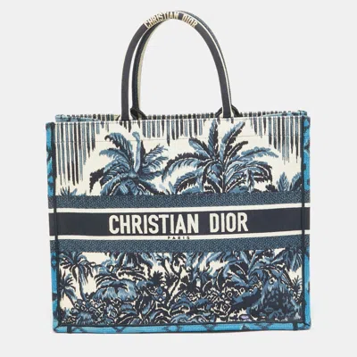 Pre-owned Dior Navy Blue/white Embroidery Canvas Large Palm Tree Book Tote