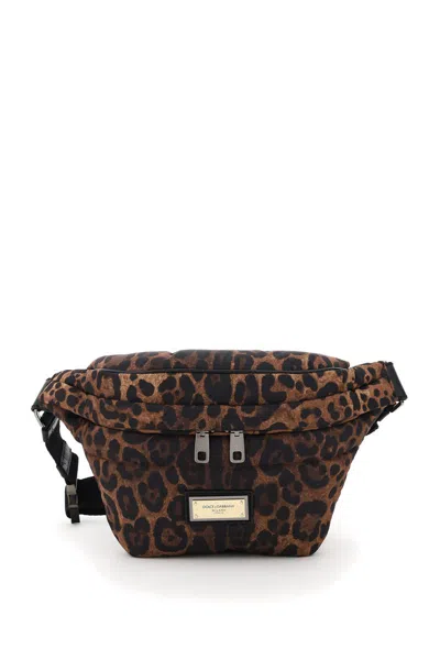 Dolce & Gabbana Leopard-print Nylon Beltbag In Marrone