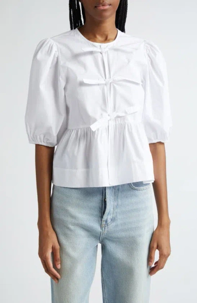 Ganni Poplin Front-tie Peplum Blouse With Puffed-sleeves In White