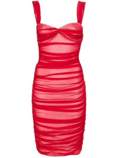 Norma Kamali Walter Mesh Ruched Midi Dress In Red