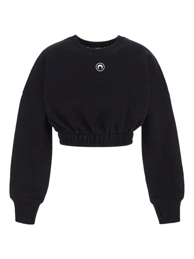 Marine Serre Fleece-sweatshirt Mit Sichelmond-stickerei In Black