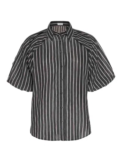Brunello Cucinelli Women's Cotton And Silk Sparkling Stripe Shirt In Black