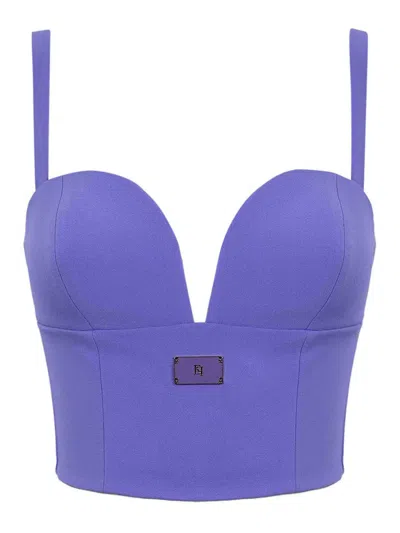 Elisabetta Franchi Crepe Bustier Top With Logo Plaque In Purple