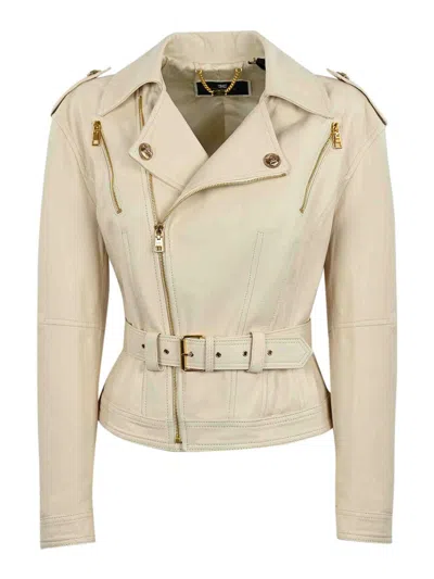 Elisabetta Franchi Leather Biker Jacket With Belt In Cream