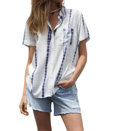 Dylan Hand-dyed Roll Short Sleeve Button-up In White/indigo In Multi
