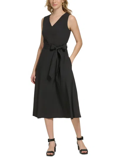 Calvin Klein Womens V-neck Long Fit & Flare Dress In Black