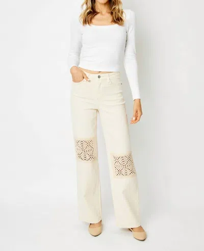 Judy Blue Crochet Patch High Rise Wide Leg Jeans In Natural In White