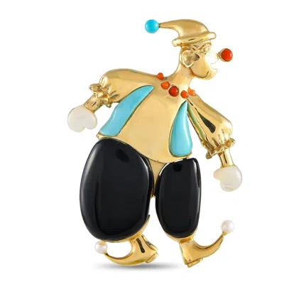 Non Branded Lb Exclusive 18k Yellow Gold Onyx, Coral, Turquoise, And Pearl Clown Brooch Mf06-041524